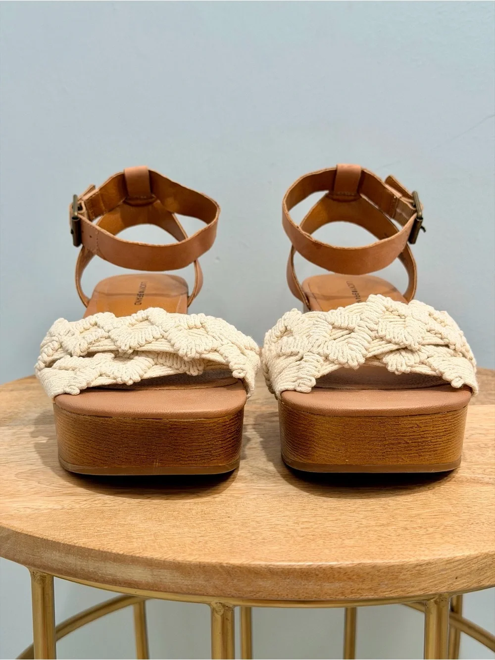 Lucky Brand Famika Woven Macrame Platform Heel Sandals Tan Cream Boho Size 10M